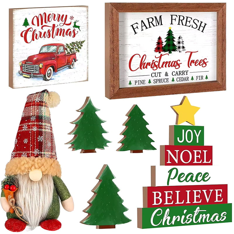 7-Piece Christmas Wooden Sign Cart Christmas Tiered Tray Decorative Wooden Table Ornaments