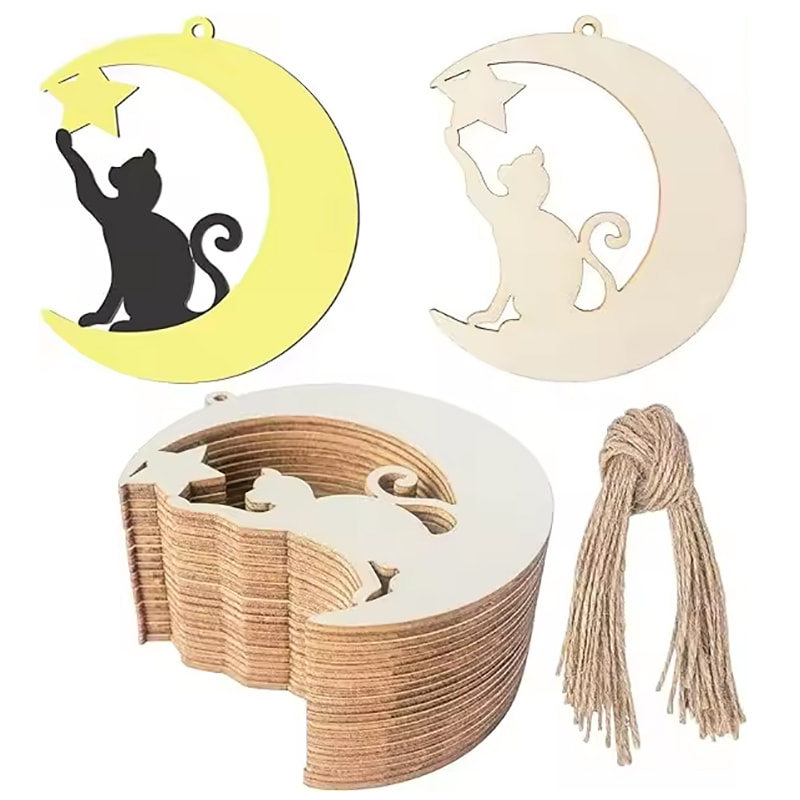 Cat Jupiter Wooden Moon Shape Wooden Blank Wood Strips Twine Art Unfinished Ornament Wedding Birthday Party Christmas