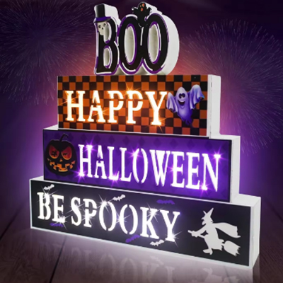 Halloween Lighted Wood Block Sign Decoration Is A Spooky Battery Powered Farmhouse Lighting Decoration For Tablecloth Parties