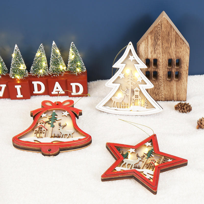 Xmas Christmas Hanging Ornaments Wood Santa Claus Snowman Elk Hang Light Round Pentagram