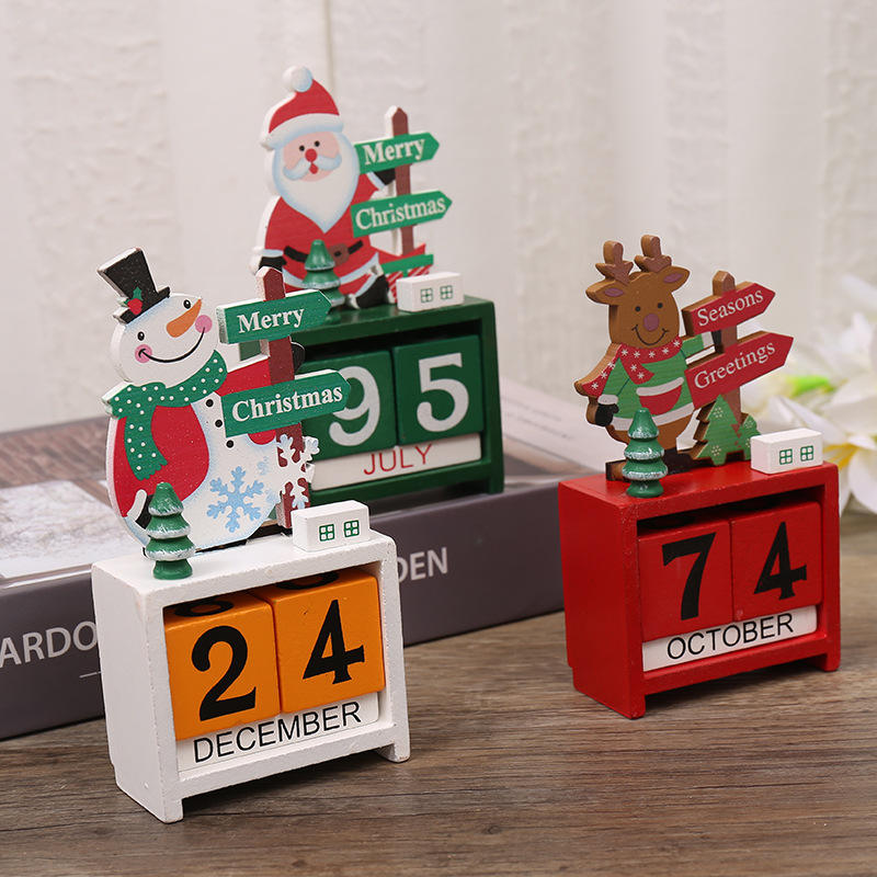 Xmas Christmas Wooden Blocks Perpetual Desk Calendar Vintage Rustic Home Decorations