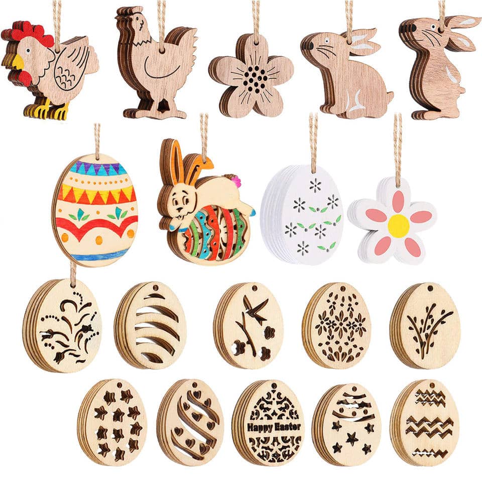 DIY Wooden Unpainted Easter Eggs Hanging Easter Bunny Chicken Easter Party Supplies Decoration Crafts Ornament