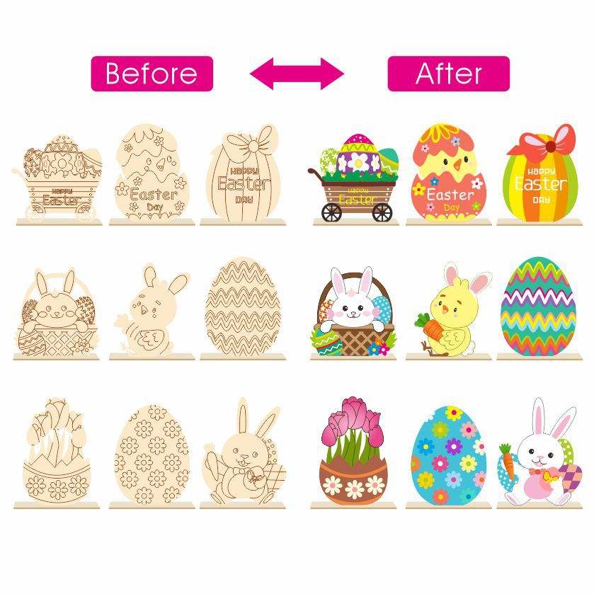 2022 Creative Easter Decoration Wooden Crafts Diy Desktop Ornament Animal Flower Shape Easter Eggs Decoration