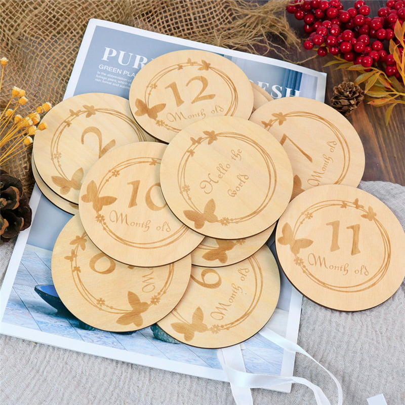 Souvenir Carving Baby Milestone Wooden Cards Round Wood Chip