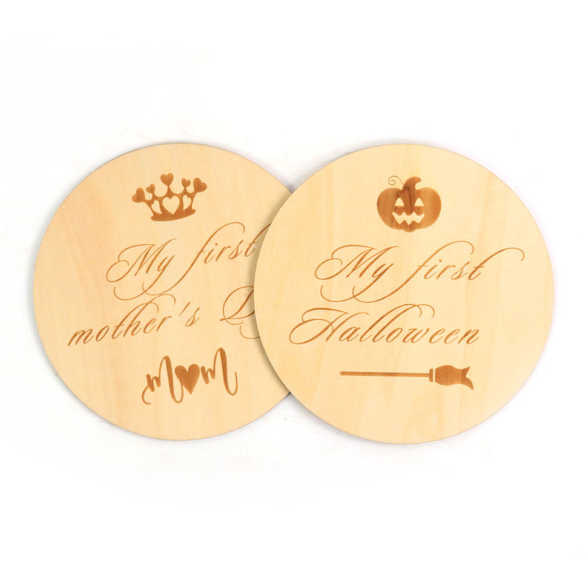 Souvenir Carving Baby Milestone Wooden Cards Round Wood Chip