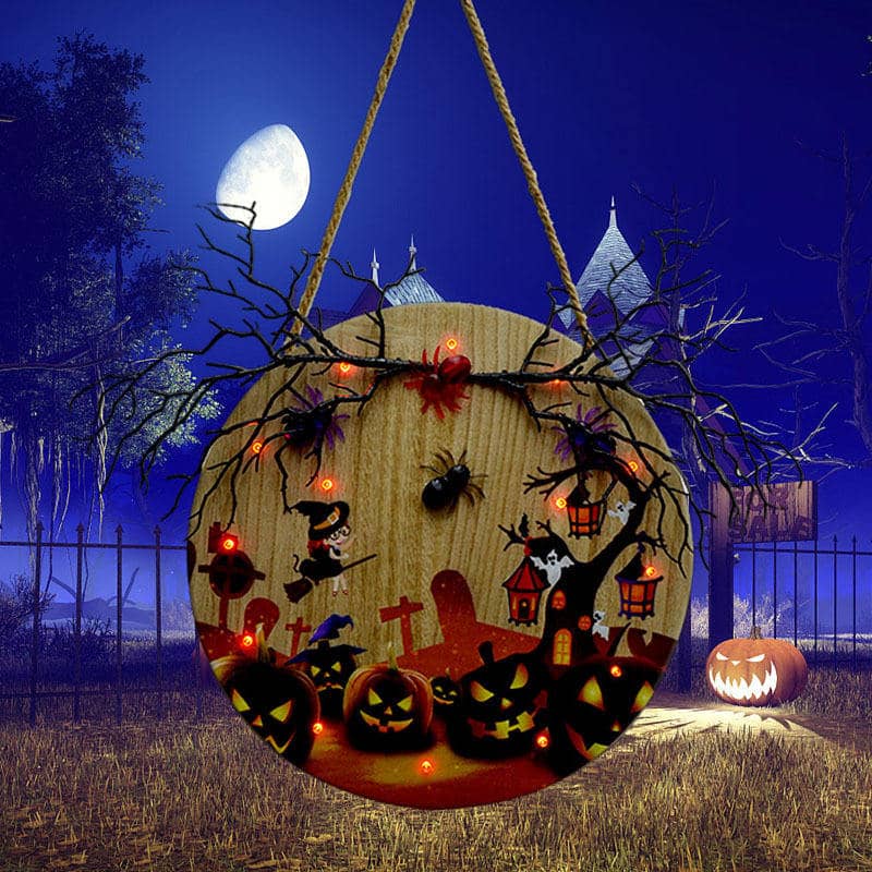 Halloween wooden house with lights home decoration witch pumpkin lantern crafts listing ornaments