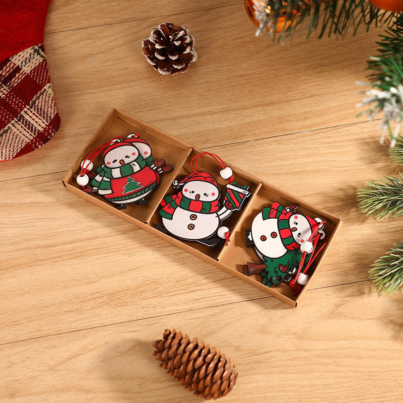 Diy Pendant Cartoon Snowman Ornaments Wooden Vintage Christmas Tree Decorations