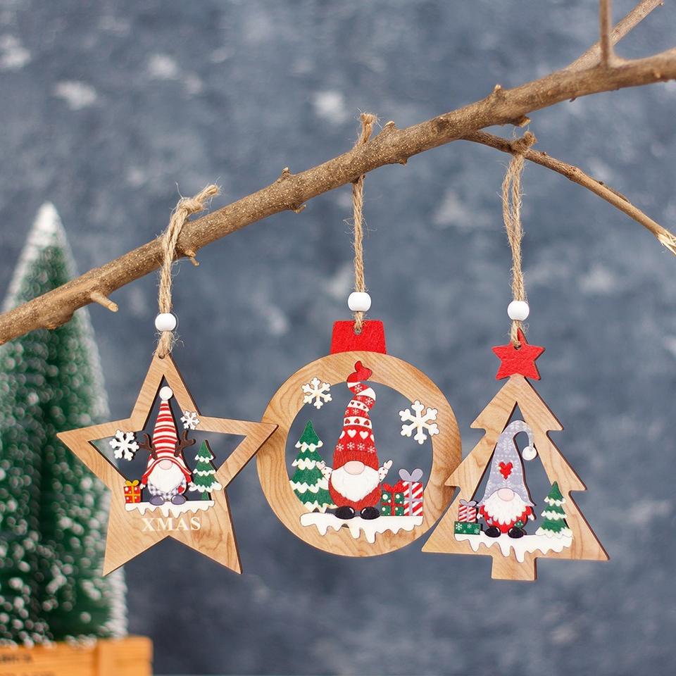 Handmade Wooden Christmas Tree Painted Pendant Ornaments Christmas Outside Decorations