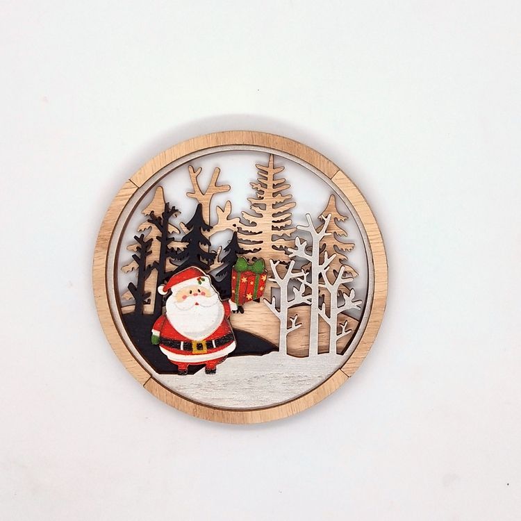 Gifts Crafts Laser Cut Hollow Wooden Santa Claus Christmas Tree Round Christmas Wooden Ornaments
