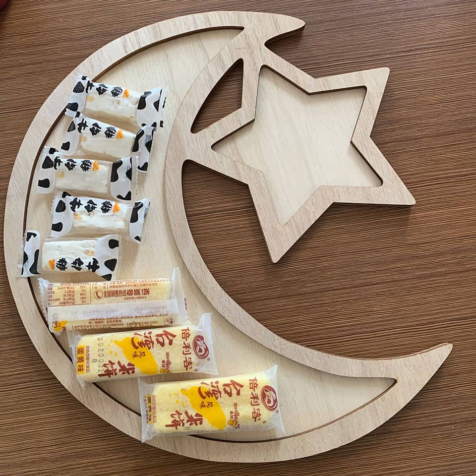 2022 Islamic Ramadan Star Moon Ornament Wooden Tray Muslim Wedding Party Ramadan Wood Hanging Decorations