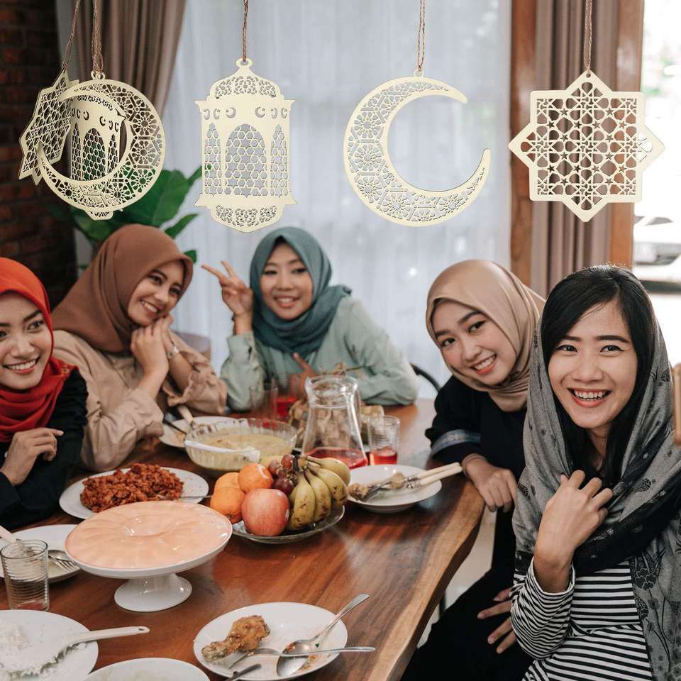 2022 Islamic Ramadan Star Moon Ornament Wooden Tray Muslim Wedding Party Ramadan Wood Hanging Decorations
