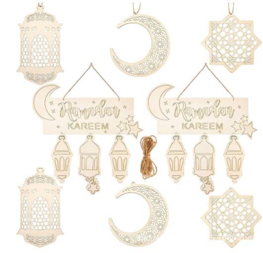2022 Islamic Ramadan Star Moon Ornament Wooden Tray Muslim Wedding Party Ramadan Wood Hanging Decorations