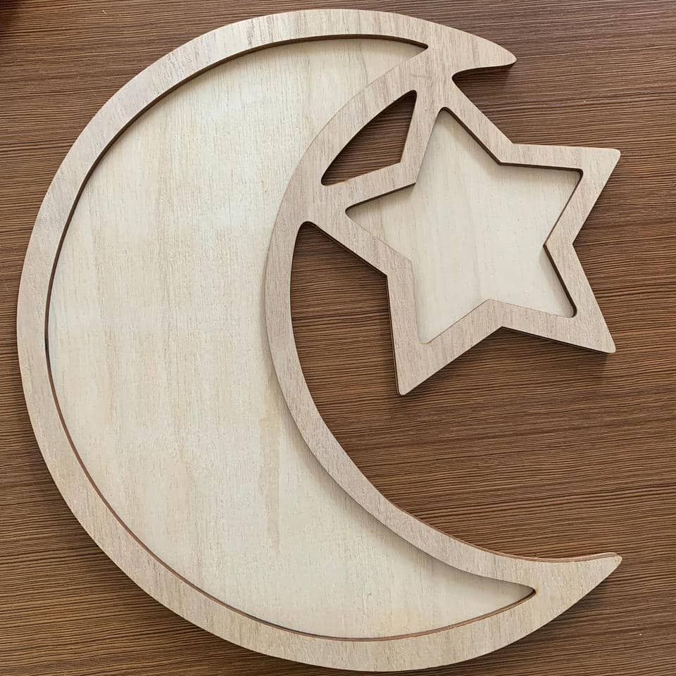 2022 Islamic Ramadan Star Moon Ornament Wooden Tray Muslim Wedding Party Ramadan Wood Hanging Decorations